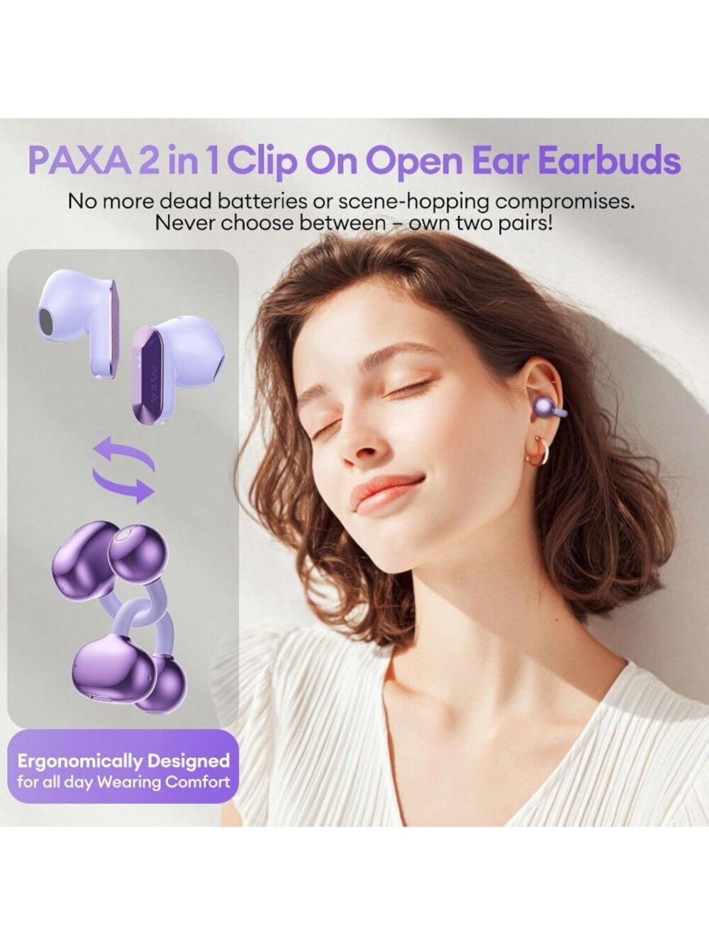 Wireless Purple Clip-On Ultra-long 140H Play Touch Control Bluetooth 6.0 Earbud - Picture 2 of 6